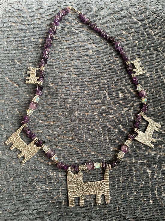 Manae Jewelry - Vintage 1990s Amethyst Bead Necklace with Silver Cat Charms